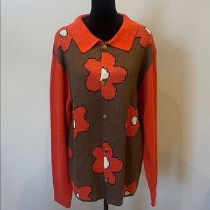 Floral Button-Up Cardigan sweater brown with orange flowers like new